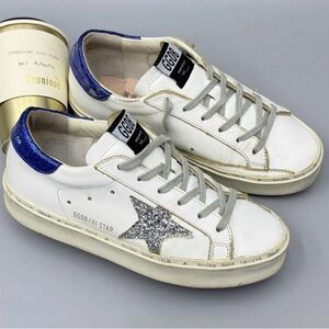 Golden Goose White and Silver Sneakers with Blue Accents